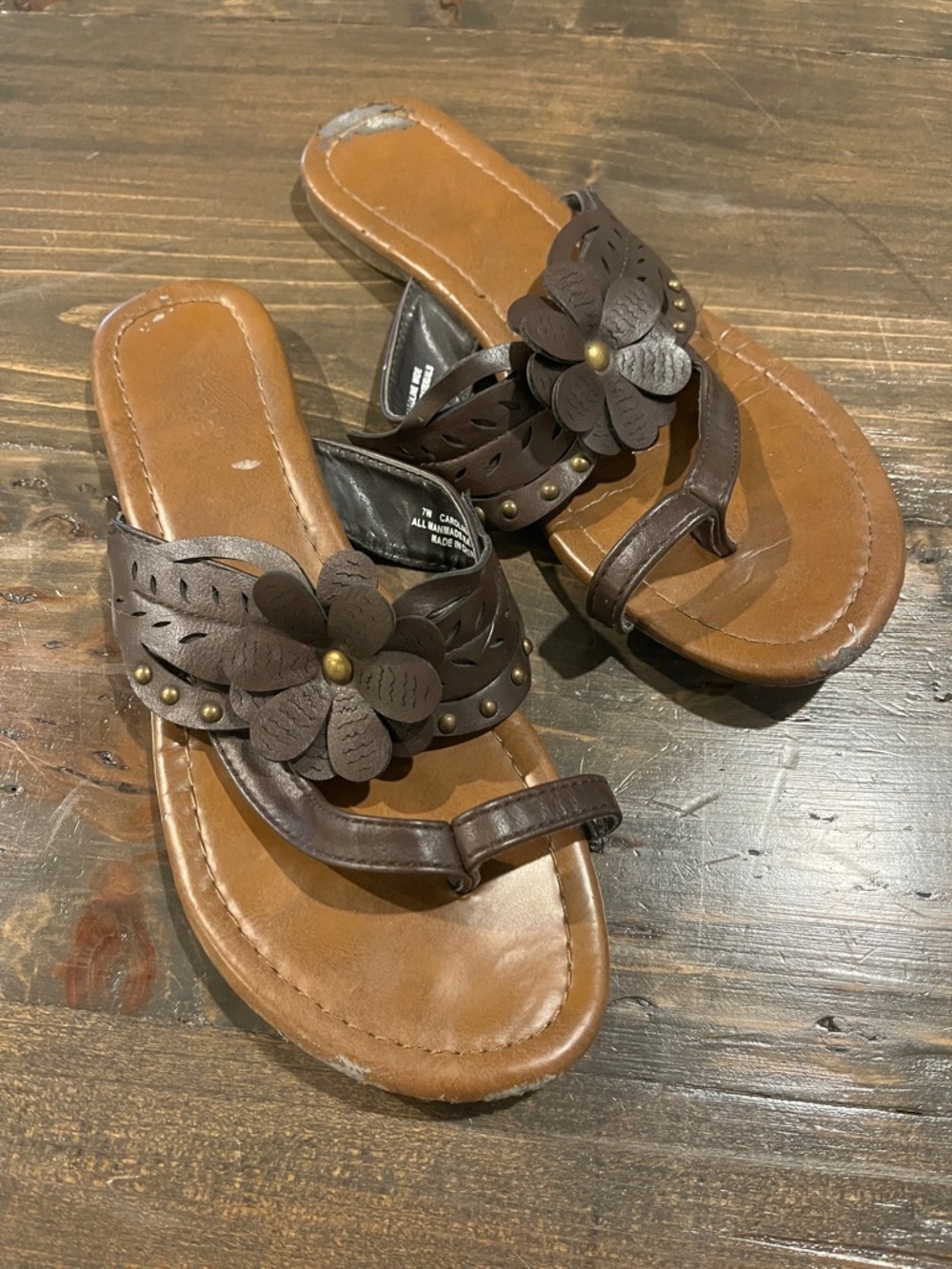 Nicole Brown Floral Leather Slide Sandals